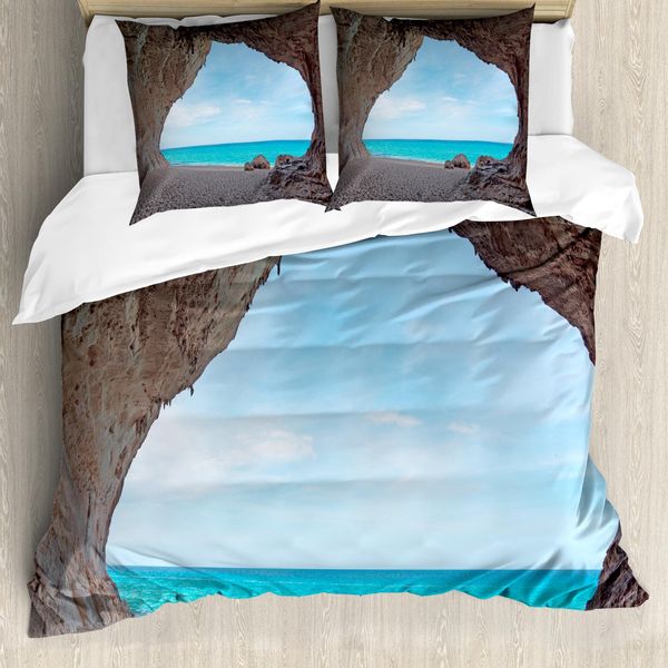 Abakuhaus Copripiumino Naturale, Mediterranean Beach, Antiacaro, Adatto A Chi Soffre Di Allergie, Con Federe, 155 Cm X 220 Cm - 80 X 80 Cm, Crema Blu-image