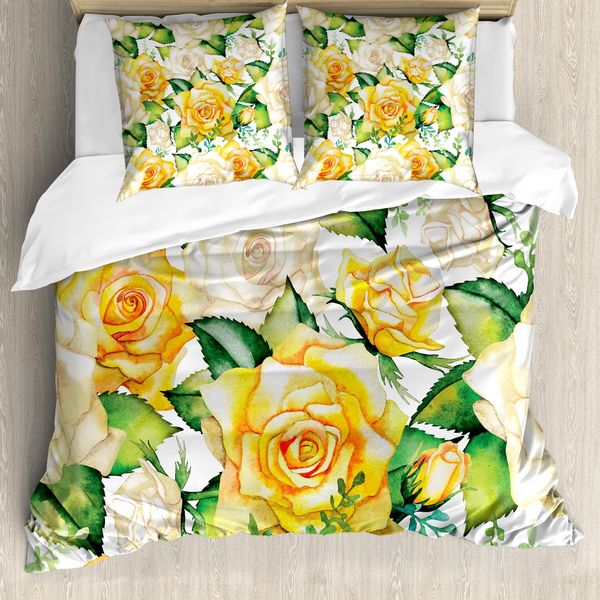 Abakuhaus Copripiumino Rose, Fiori Acquerellati, Antiacaro, Adatto A Chi Soffre Di Allergie, Con Federe, 200 Cm X 200 Cm - 80 X 80 Cm, Giallo Beige Verde-image