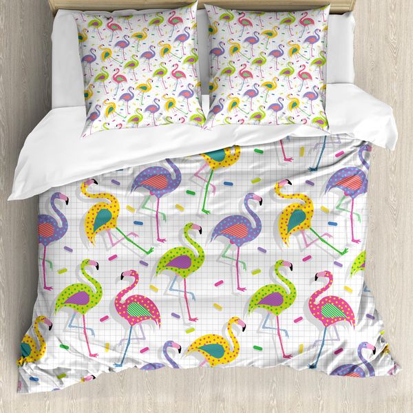 Abakuhaus Copripiumino Flamingo, Motivi Colorati Retrò, Antiacaro, Adatto A Chi Soffre Di Allergie, Con Federe, 200 Cm X 200 Cm - 80 X 80 Cm, Multicolore-image