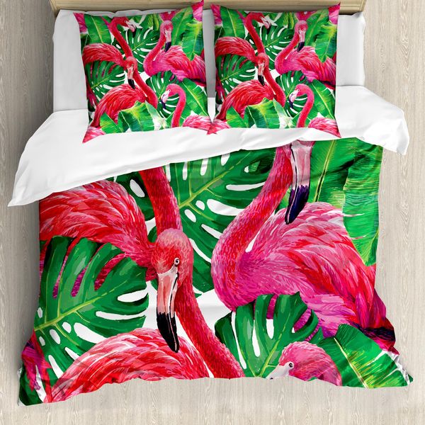 Abakuhaus Copripiumino Flamingo, Foglie Esotiche Retrò, Antiacaro, Adatto A Chi Soffre Di Allergie, Con Federe, 155 Cm X 220 Cm - 80 X 80 Cm, Rosa-Verde-image
