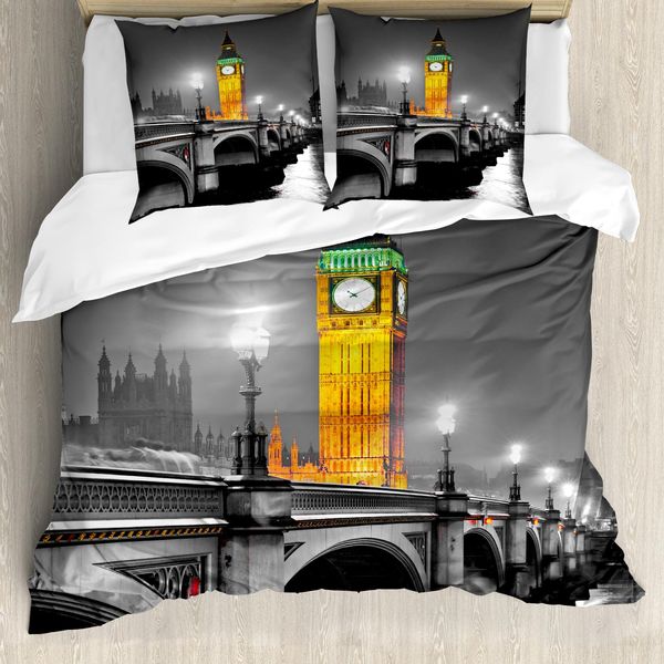 Abakuhaus London Copripiumino, Big Ben Bridge Nacht, Antiacaro, Adatto A Chi Soffre Di Allergie, Con Federe, 155 Cm X 220 Cm - 80 X 80 Cm, Grigio Giallo-image
