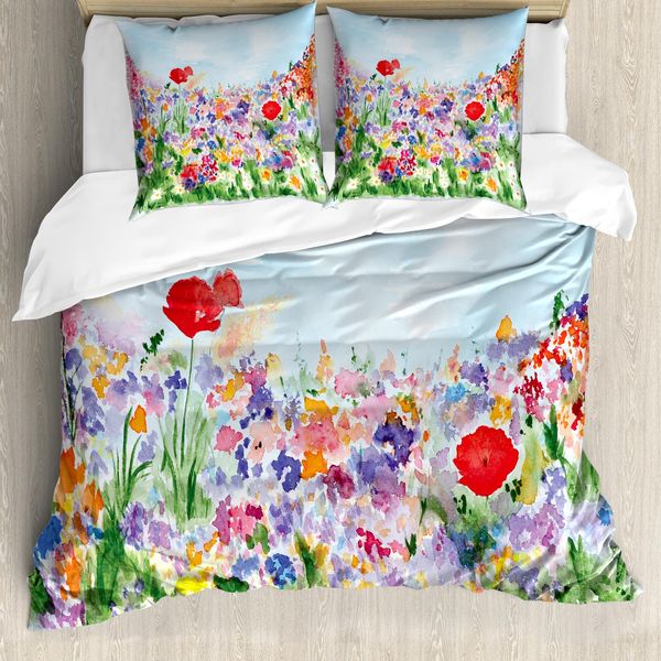 Abakuhaus Copripiumino Con Fiori Acquerellati, Fioritura Estiva, Antiacaro, Adatto A Chi Soffre Di Allergie, Con Federe, 155 Cm X 220 Cm - 80 X 80 Cm, Rosso, Verde, Viola-image