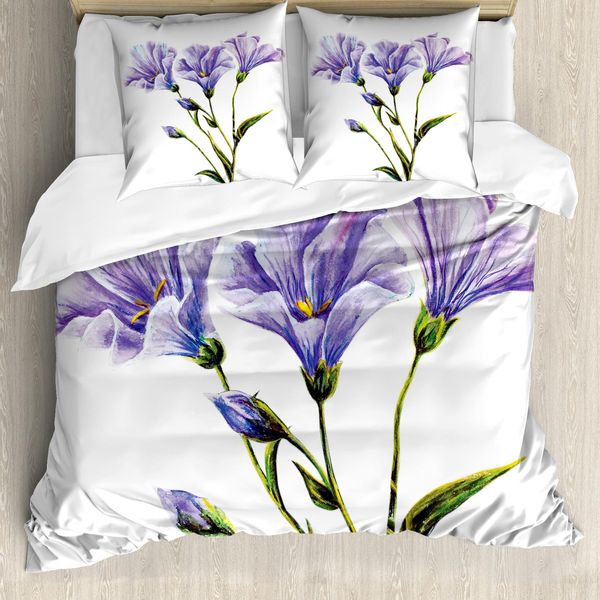 Abakuhaus Copripiumino Con Fiori Acquerellati, Estate Romantica, Antiacaro, Adatto A Chi Soffre Di Allergie, Con Federe, 155 Cm X 220 Cm - 80 X 80 Cm, Bianco Viola Verde-image