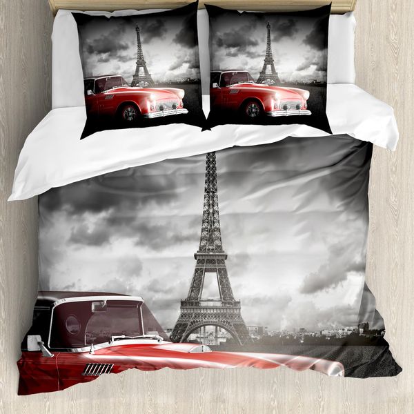 Abakuhaus Paris Copripiumino, Oldtimer E Eiffel, Antiacaro, Adatto A Chi Soffre Di Allergie, Con Federe, 200 Cm X 200 Cm - 80 X 80 Cm, Grigio, Rosso,-image
