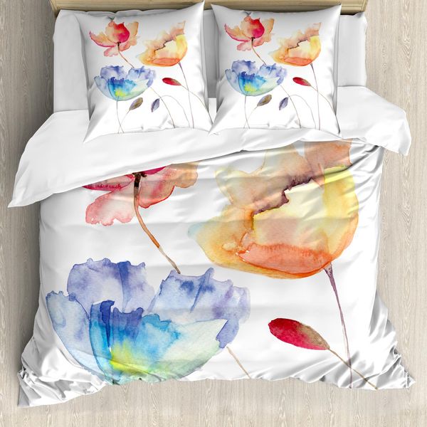 Abakuhaus Copripiumino Con Fiori Acquerellati, Fiori Naturali, Antiacaro, Adatto A Chi Soffre Di Allergie, Con Federe, 155 Cm X 220 Cm - 80 X 80 Cm, Arancione, Blu, Rosso-image