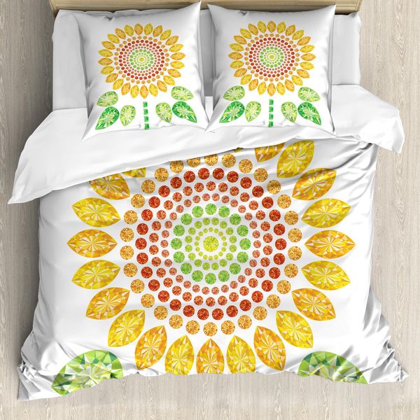 Abakuhaus Copripiumino Girasole, Disegno Mandala Di Girasoli, Antiacaro, Adatto A Chi Soffre Di Allergie Con Federe, 200 Cm X 200 Cm - 80 X 80 Cm, Giallo Bianco E Verde-image