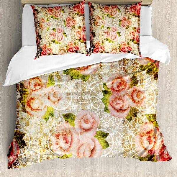 Abakuhaus Copripiumino Rose, Motivo Floreale Psichedelico, Antiacaro, Adatto A Chi Soffre Di Allergie, Con Federe, 200 Cm X 200 Cm - 80 X 80 Cm, Rosa-Verde-Crema-image