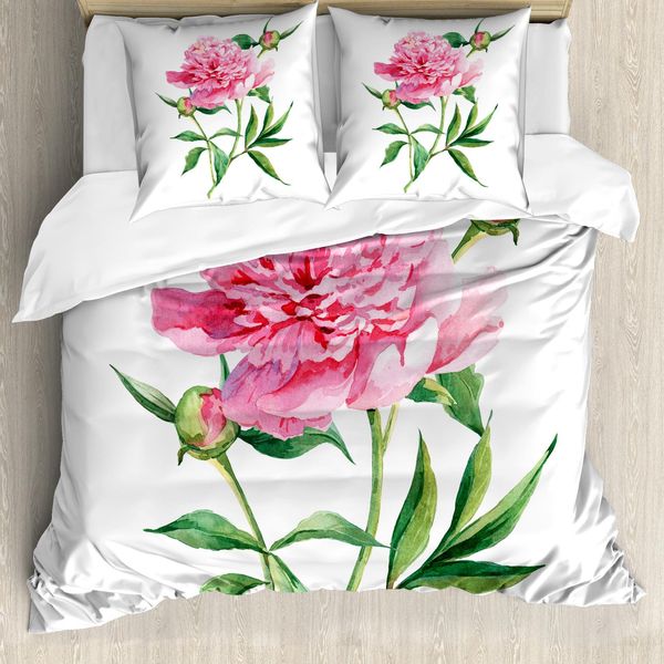 Abakuhaus Copripiumino Con Fiori Acquerellati, Vintage Peony, Antiacaro E Anallergico, Con Federe, 155 Cm X 220 Cm - 80 X 80 Cm, Rosa, Bianco, Verde-image