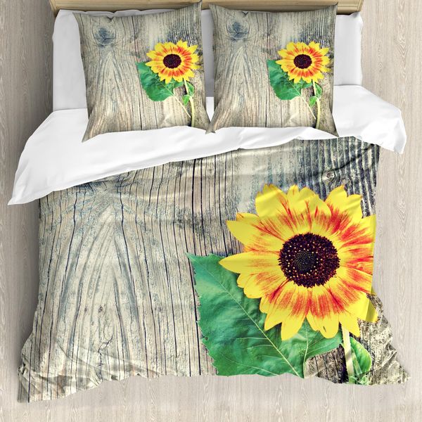 Abakuhaus Copripiumino Girasole, Bouquet Di Foglie Di Legno, Antiacaro, Adatto A Chi Soffre Di Allergie, Con Federe, 155 Cm X 220 Cm - 80 X 80 Cm, Marrone, Verde, Giallo-image