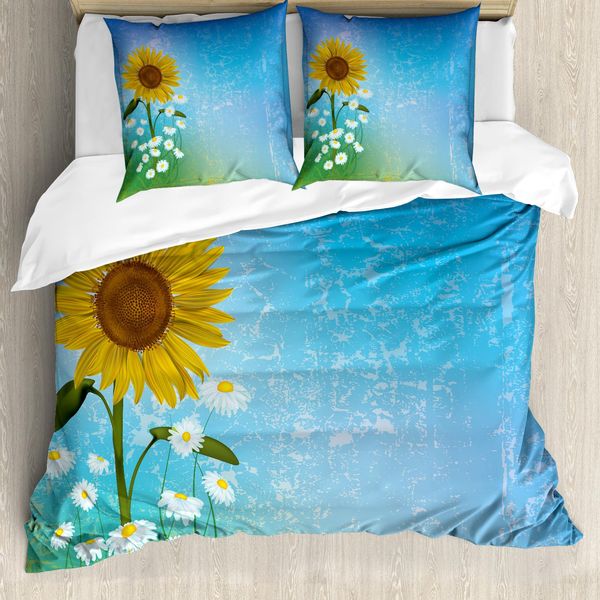 Abakuhaus Copripiumino Girasole, Sunflowers Camomilla, Antiacaro, Adatto A Chi Soffre Di Allergie, Con Federe, 155 Cm X 220 Cm - 80 X 80 Cm, Blu Giallo Verde-image