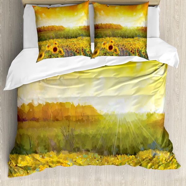 Abakuhaus Copripiumino Girasole, Campo Di Girasoli Dorati, Antiacaro, Adatto A Chi Soffre Di Allergie, Con Federe, 155 Cm X 220 Cm - 80 X 80 Cm, Arancione Giallo-image