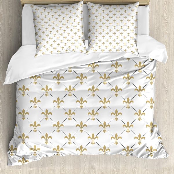 Abakuhaus Copripiumino Fleur De Lis, Stile Vintage Con Gigli, Antiacaro, Adatto A Chi Soffre Di Allergie, Con Federe, 200 Cm X 200 Cm - 80 X 80 Cm, Bianco Giallo-image