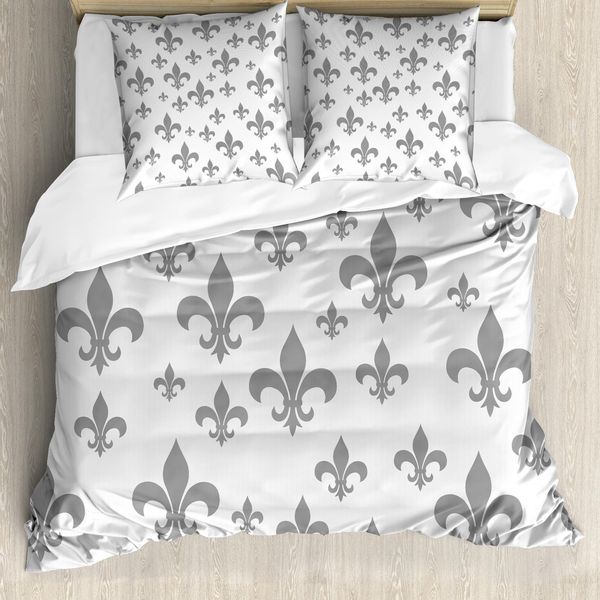 Abakuhaus Copripiumino Fleur De Lis, Stile Retrò Vintage, Antiacaro E Anallergico, Con Federe, 200 Cm X 200 Cm - 80 X 80 Cm, Grigio-image