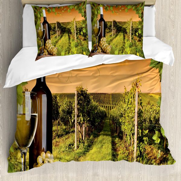 Abakuhaus Copripiumino, Bottiglia D'uva Al Tramonto, Antiacaro, Adatto A Chi Soffre Di Allergie, Con Federe, 200 Cm X 200 Cm - 80 X 80 Cm, Verde Arancione-image
