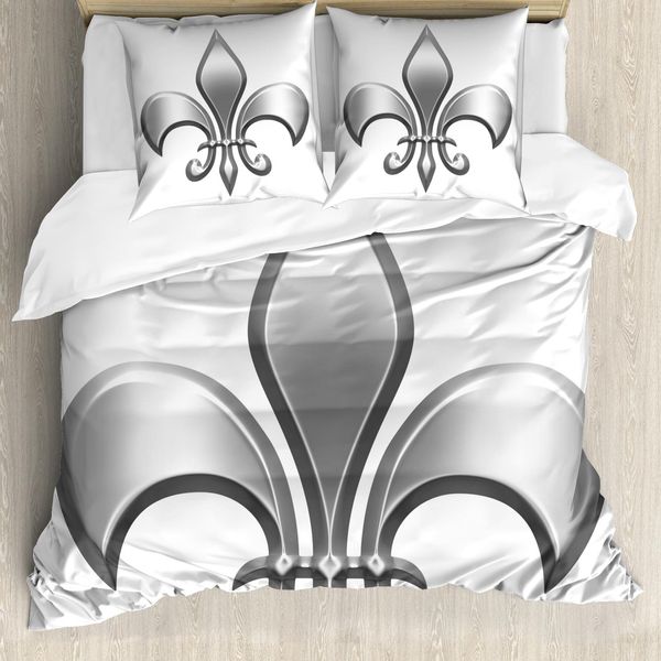 Abakuhaus Set Copripiumino Medievale Per Letti Matrimoniali, Simbolo Del Giglio, Antiacaro, Adatto A Chi Soffre Di Allergie, Con Federe, Bianco-Argento-image