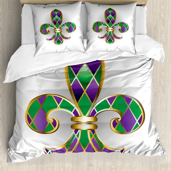 Abakuhaus Set Copripiumino Antico Per Letti Matrimoniali, Simbolo Giglio, Antiacaro, Adatto A Chi Soffre Di Allergie, Con Federe, Oro Viola Verde-image