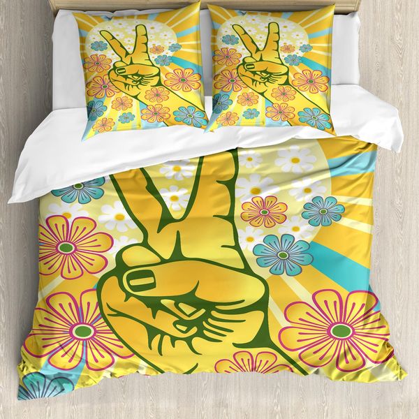 Abakuhaus Fantastico Copripiumino, Peace Flowers, Antiacaro, Adatto A Chi Soffre Di Allergie, Con Federe, 155 Cm X 220 Cm - 80 X 80 Cm, Giallo, Blu, Rosa-image