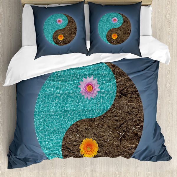Abakuhaus Copripiumino Yoga, Yin Yang Blume Teal Brown, Antiacaro, Adatto A Chi Soffre Di Allergie, Con Federe, 200 Cm X 200 Cm - 80 X 80 Cm, Blu Ardesia-Turchese-image