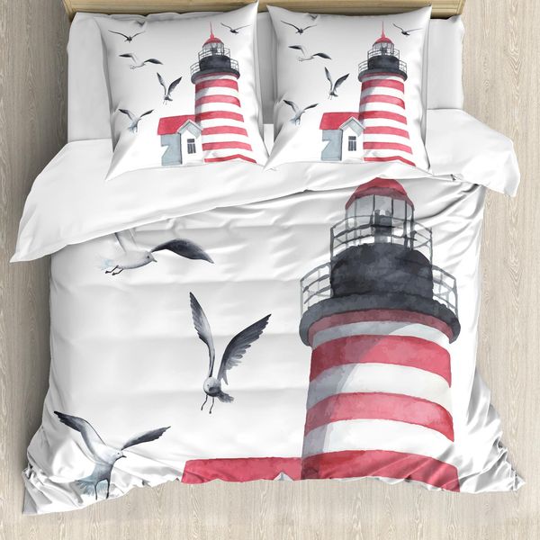 Abakuhaus Copripiumino Leuchtturm, Seagulls Strand Meer, Antiacaro, Adatto A Chi Soffre Di Allergie, Con Federe, 155 Cm X 220 Cm - 80 X 80 Cm, Rosso, Grigio, Bianco-image