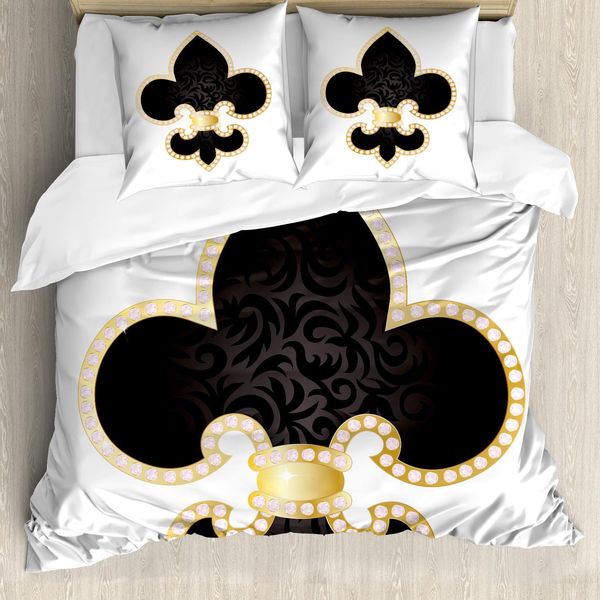 Abakuhaus Fleur De Lis Copripiumino, Giglio Di Francia, Antiacaro, Adatto A Chi Soffre Di Allergie, Con Federe, 155 Cm X 220 Cm - 80 X 80 Cm, Giallo, Nero, Bianco-image