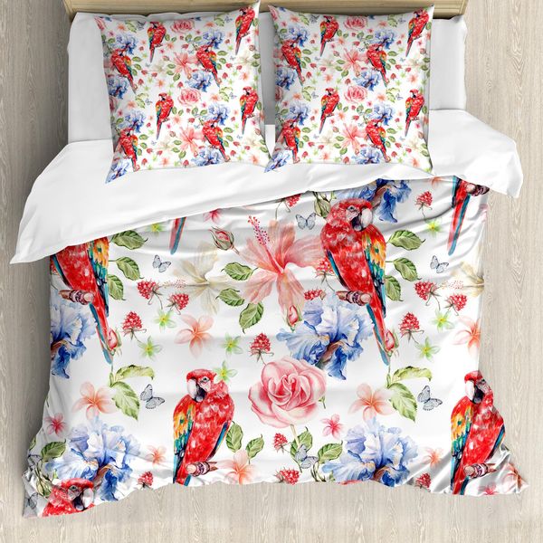Abakuhaus Copripiumino Con Pappagalli, Pappagalli Iris E Rose, Antiacaro, Adatto A Chi Soffre Di Allergie, Con Federe, 200 Cm X 200 Cm - 80 X 80 Cm, Multicolore-image