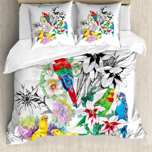 Abakuhaus Copripiumino Con Pappagallo, Foglie Di Fiori Nel Giardino, Antiacaro, Adatto A Chi Soffre Di Allergie, Con Federe, 155 Cm X 220 Cm - 80 X 80 Cm, Multicolore-image