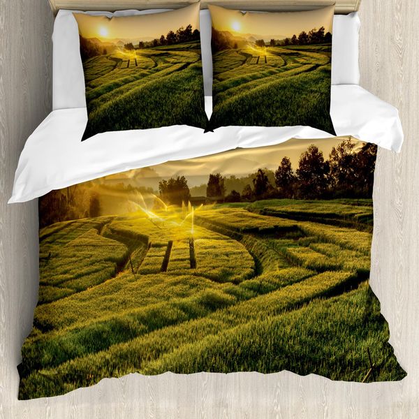 Abakuhaus Copripiumino Land, Barley Woods Tramonto, Antiacaro, Adatto A Chi Soffre Di Allergie, Con Federe, 155 Cm X 220 Cm - 80 X 80 Cm, Verde Giallo-image