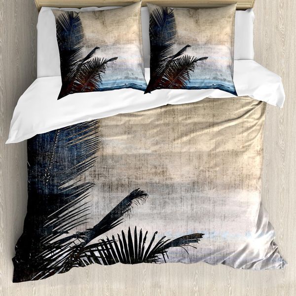 Abakuhaus Copripiumino Hawaiano, Motivo Palme Grunge, Antiacaro E Anallergico, Con Federe, 155 Cm X 220 Cm - 80 X 80 Cm, Beige Navy-image
