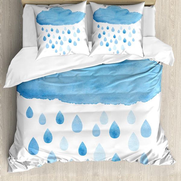 Abakuhaus Copripiumino Naturale, Gocce Di Pioggia E Nuvole, Antiacaro, Adatto A Chi Soffre Di Allergie, Con Federe, 155 Cm X 220 Cm - 80 X 80 Cm, Blu E Bianco-image