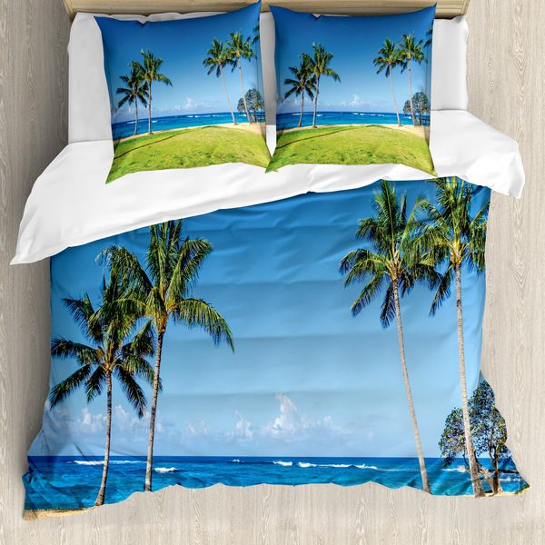 Abakuhaus Copripiumino Hawaiano, Palma Da Cocco Hawaii, Antiacaro, Adatto A Chi Soffre Di Allergie, Con Federe, 200 Cm X 200 Cm - 80 X 80 Cm, Blu Verde-image
