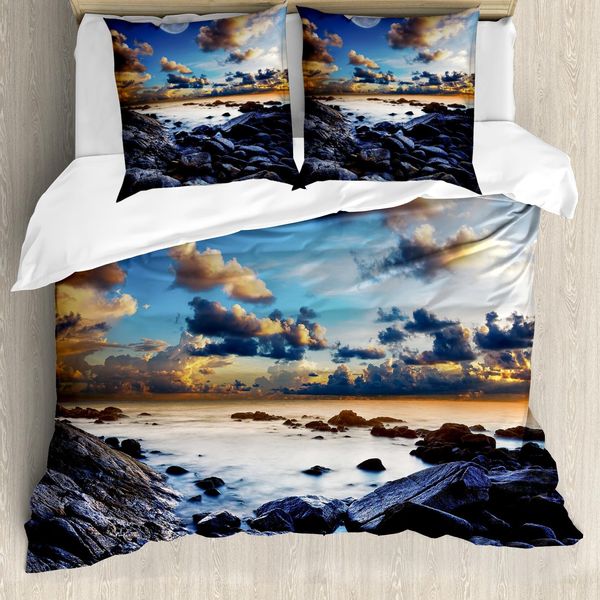 Abakuhaus Copripiumino Ocean, Luna Piena Nuvole Scure, Antiacaro Adatto A Chi Soffre Di Allergie Con Federe, 155 Cm X 220 Cm - 80 X 80 Cm, Blu Arancione Nero-image