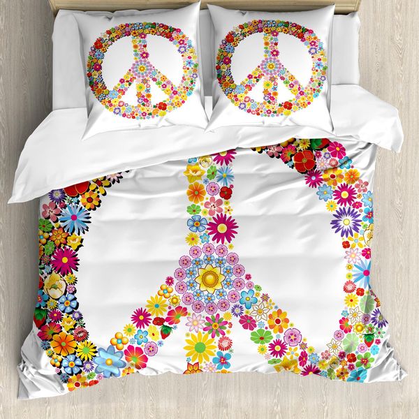 Abakuhaus Set Copripiumino Hippie Per Letti Matrimoniali, Simbolo Della Pace Floreale, Antiacaro, Adatto A Chi Soffre Di Allergie, Con Federe, Multicolore-image