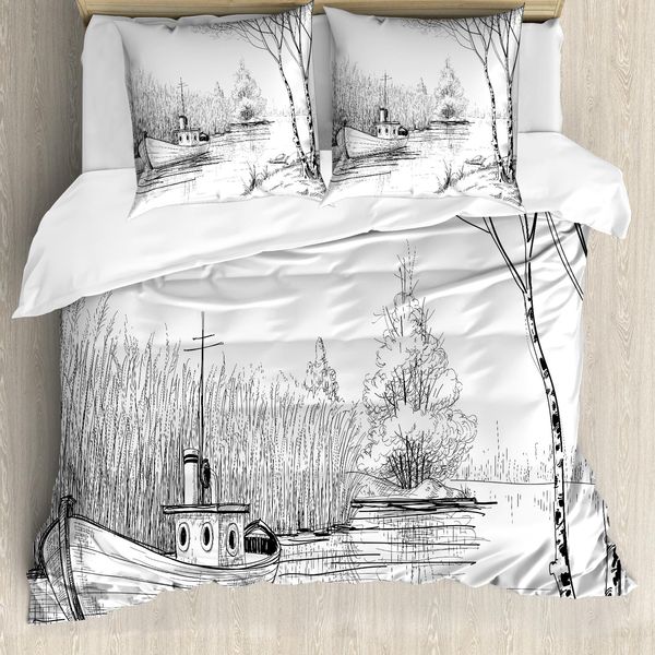 Abakuhaus Copripiumino Naturale, Black White Boat Fluss, Antiacaro, Adatto A Chi Soffre Di Allergie, Con Federe, 155 Cm X 220 Cm - 80 X 80 Cm, Bianco E Nero-image