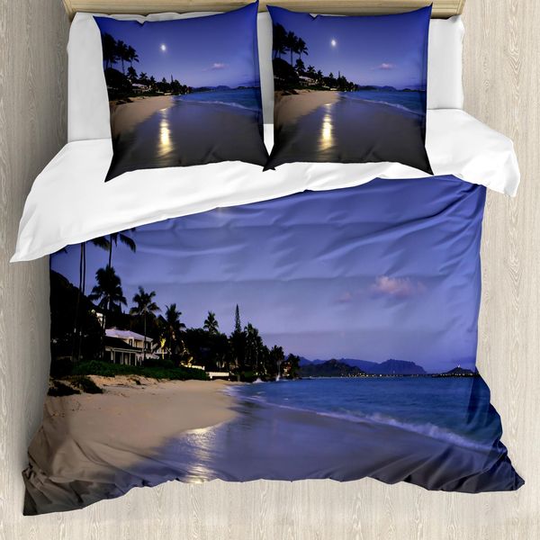 Abakuhaus Copripiumino Hawaiano, Moonlight Hawaii Sea, Antiacaro, Adatto A Chi Soffre Di Allergie, Con Federe, 155 Cm X 220 Cm - 80 X 80 Cm, Blu Navy Sabbia-image
