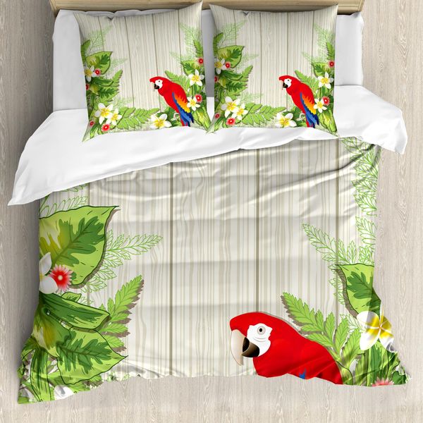 Abakuhaus Copripiumino Papagallo, Fiori Parrot, Antiacaro, Adatto A Chi Soffre Di Allergie, Con Federe, 155 Cm X 220 Cm - 80 X 80 Cm, Crema, Verde, Rosso-image