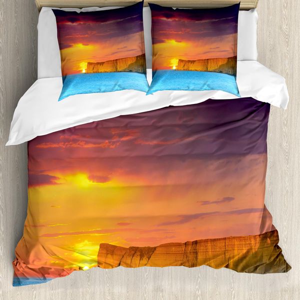 Abakuhaus Copripiumino Ocean, Tramonto Sul Mare Con Scogliere, Antiacaro, Adatto A Chi Soffre Di Allergie, Con Federe, 155 Cm X 220 Cm - 80 X 80 Cm, Giallo Viola Blu-image