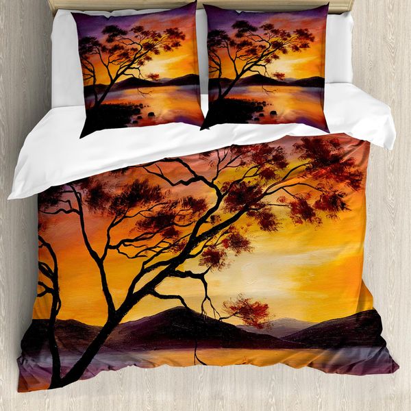 Abakuhaus Set Copripiumino Per Letti Matrimoniali, Fiume Montagna Tramonto, Antiacaro, Adatto A Chi Soffre Di Allergie, Con Federe, Arancione Viola-image