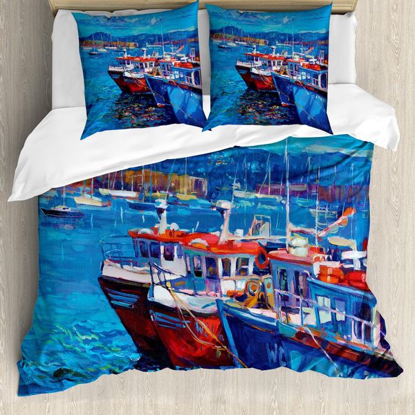 Abakuhaus Set Copripiumino Marittimo Per Letti Matrimoniali, Porto Sul Mare, Antiacaro Adatto A Chi Soffre Di Allergie Con Federe, Blu Navy E Rosso-image
