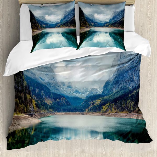 Abakuhaus Copripiumino Paesaggio, Alpine Lake Sky Wald, Antiacaro, Adatto A Chi Soffre Di Allergie, Con Federe, 155 Cm X 220 Cm - 80 X 80 Cm, Blu, Verde, Grigio-image