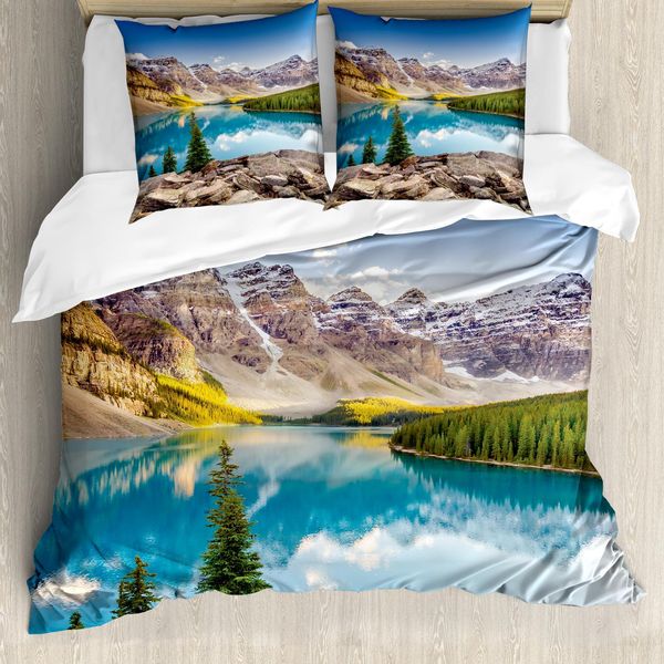 Abakuhaus Copripiumino Paesaggio, Lago E Montagna Rilassanti, Antiacaro, Adatto A Chi Soffre Di Allergie, Con Federe, 200 Cm X 200 Cm - 80 X 80 Cm, Blu, Verde, Grigio-image