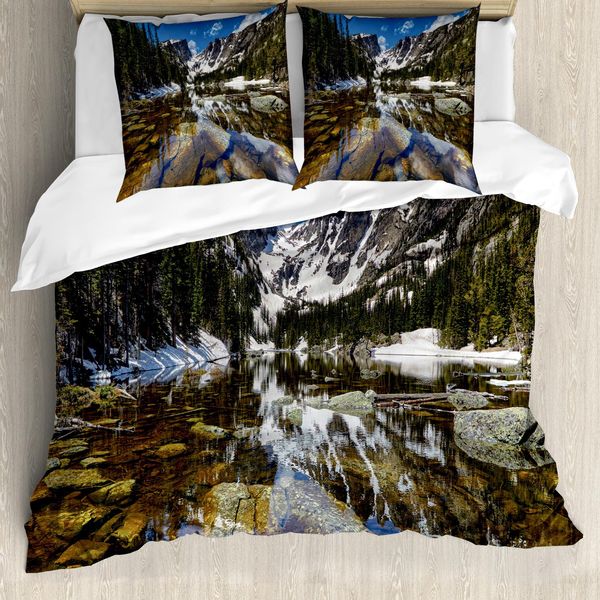 Abakuhaus Copripiumino Paesaggio, Mountain Lake Park West, Antiacaro, Adatto A Chi Soffre Di Allergie, Con Federe, 200 Cm X 200 Cm - 80 X 80 Cm, Verde Marrone Blu-image