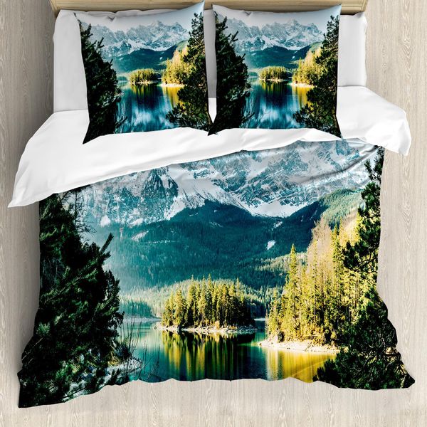 Abakuhaus Copripiumino Paesaggio, Berg Frozen Lake, Antiacaro, Adatto A Chi Soffre Di Allergie, Con Federe, 200 Cm X 200 Cm - 80 X 80 Cm, Verde Bianco-image