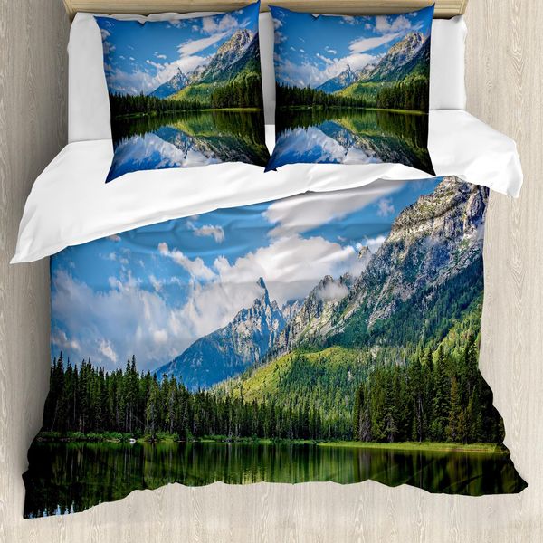Abakuhaus Copripiumino Paesaggio, Mountain Lake Scenery, Antiacaro, Adatto A Chi Soffre Di Allergie, Con Federe, 200 Cm X 200 Cm - 80 X 80 Cm, Blu Bianco Verde-image