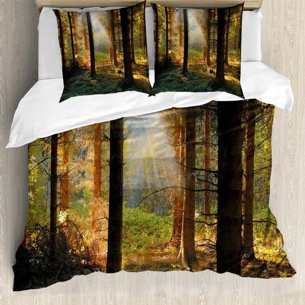 Abakuhaus Copripiumino Wald, Tramonto Pino Scuro, Antiacaro, Adatto A Chi Soffre Di Allergie, Con Federe, 200 Cm X 200 Cm - 80 X 80 Cm, Arancione Verde-image