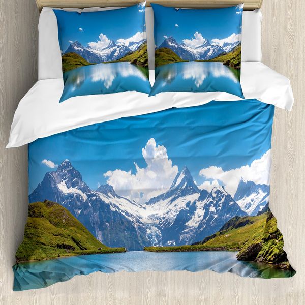 Abakuhaus Copripiumino Paesaggio, Neve Frozen Lake Swiss, Antiacaro, Adatto A Chi Soffre Di Allergie, Con Federe, 200 Cm X 200 Cm - 80 X 80 Cm, Blu, Verde, Bianco-image