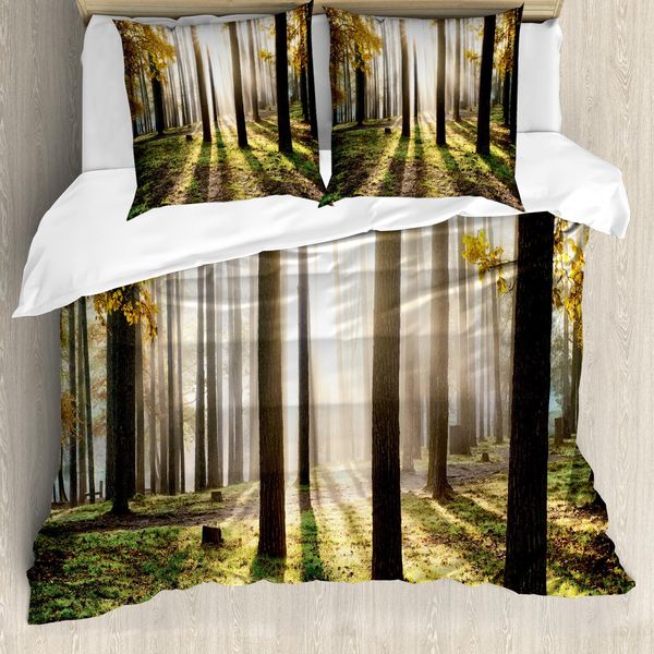 Abakuhaus Set Copripiumino Naturale Per Letti Matrimoniali, Foglie Del Bosco All'alba, Antiacaro, Adatto A Chi Soffre Di Allergie, Con Federe, Oro-image