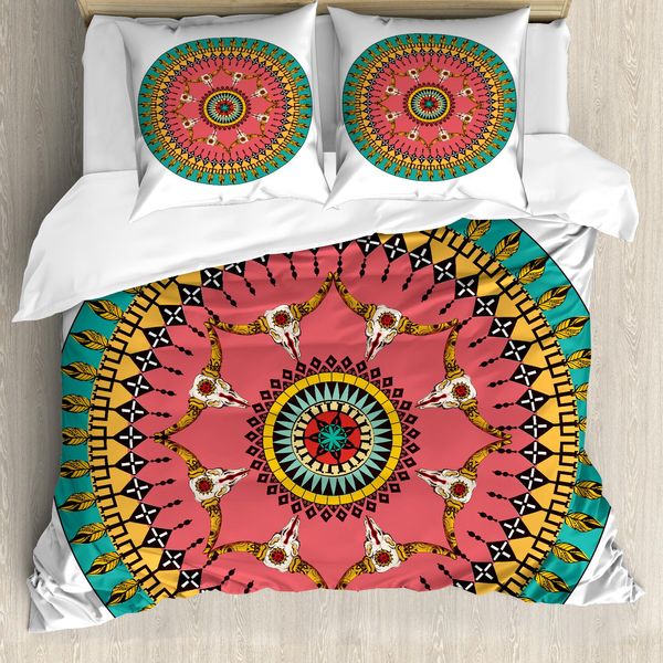 Abakuhaus Set Copripiumino Colorato Per Letti Matrimoniali, Toro Etnico Americano, Antiacaro, Adatto A Chi Soffre Di Allergie, Con Federe, Multicolore-image