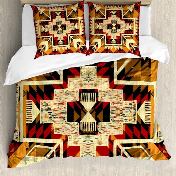 Abakuhaus Set Copripiumino Etnico Per Letti Matrimoniali, Motivo Tradizionale, Antiacaro, Adatto A Chi Soffre Di Allergie, Con Federe, Arancione Chiaro, Giallo Chiaro E Grigio Antracite-image
