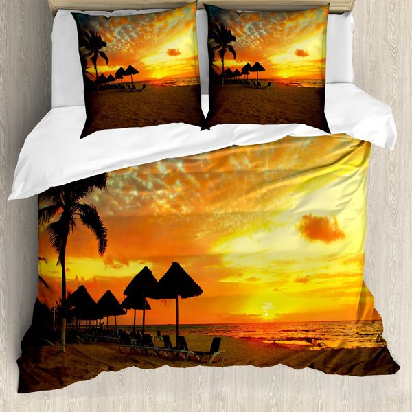 Abakuhaus Copripiumino Da Spiaggia, Romantico Paesaggio Al Tramonto, Antiacaro, Adatto A Chi Soffre Di Allergie, Con Federe, 200 Cm X 200 Cm - 80 X 80 Cm, Arancione Giallo-image