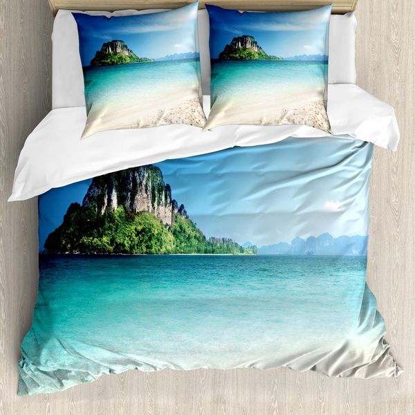 Abakuhaus Copripiumino Da Spiaggia, Paesaggio Dell'isola Tropicale, Antiacaro, Adatto A Chi Soffre Di Allergie, Con Federe, 200 Cm X 200 Cm - 80 X 80 Cm, Blu Crema Verde-image